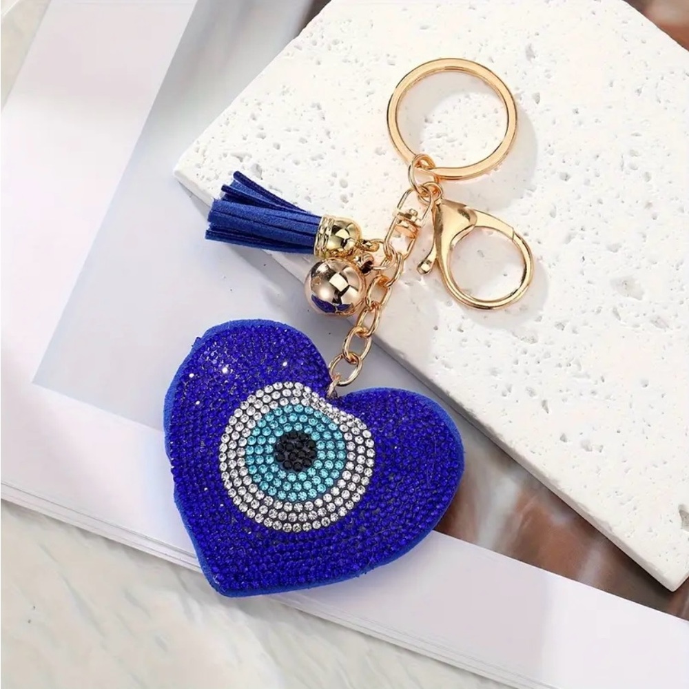 Blue Evil Eye Heart Keychain / fabric and Rhinestone